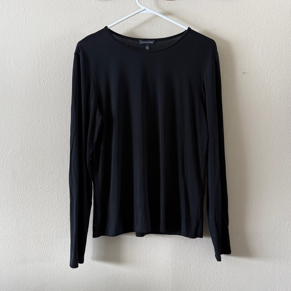 Eileen Fisher Black Stretch 100% Silk Jersey Knit Round Neck Top size M
